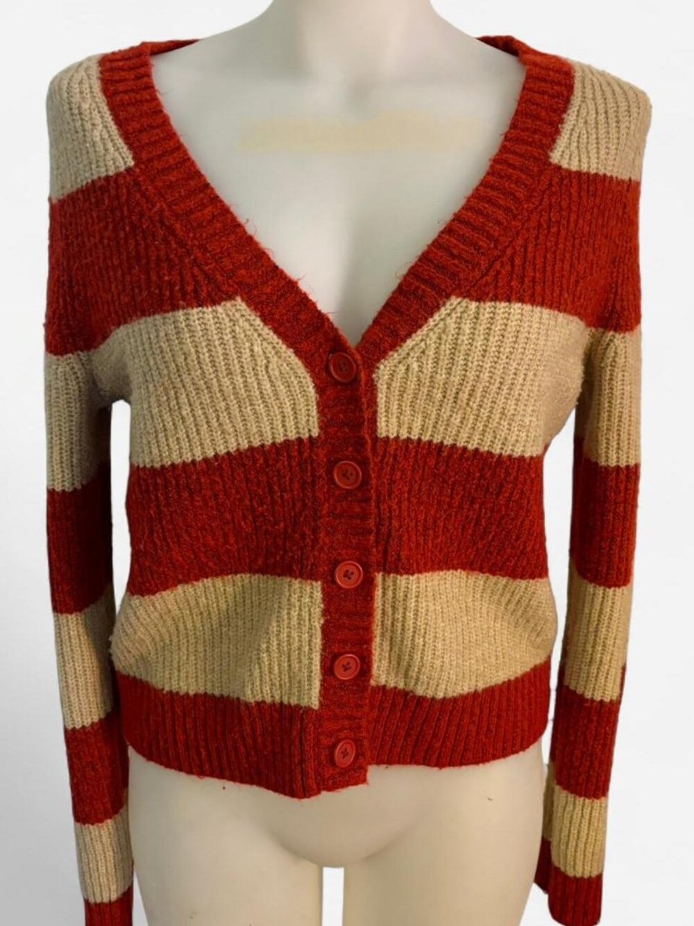 American Eagle red & cream striped slightly cropped knit cardigan